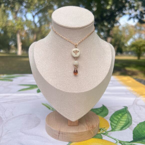 Cream Honey Auburn Woodsy Bee Earring, Beige Fall Autumn Winter Fun Bug Necklace - Picture 1 of 7